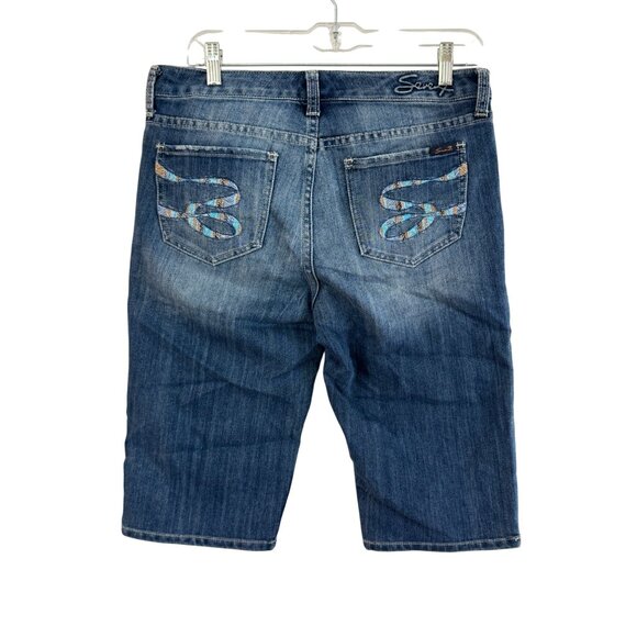 Seven7 Bermuda Denim Shorts Size 8 Women’s Mid-Rise Embroidered Back Pockets Blu - Picture 4 of 8